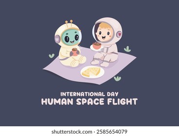 International day of human flight to the moon. alien and austronaut, postcard banner poster .