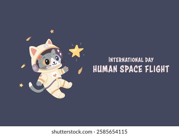 International day of human flight to the moon. cat, postcard banner poster .