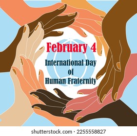 International Day of Human Fraternity square poster with abstract women hands around the Earth silhouette