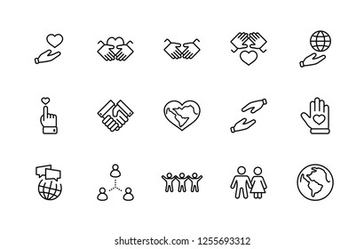 International Day of Human Solidarity Line Vector Icons Set. Contains such Icons as Handshake, Heart, planet Earth, helping Hand, People and more. Editable Stroke. 32x32 Pixel Perfect