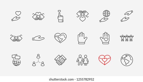 International Day of Human Solidarity Line Vector Icons Set. Contains such Icons as Handshake, Heart, planet Earth, helping Hand, People and more. Editable Stroke. 32x32 Pixel Perfect