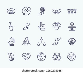 International Day of Human Solidarity Line Vector Icons Set. Contains such Icons as Handshake, Heart, planet Earth, helping Hand, People and more. Editable Stroke. 32x32 Pixel Perfect