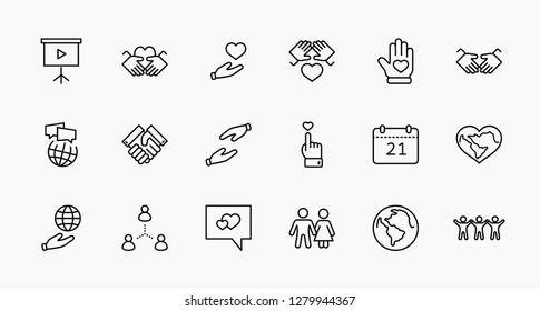 International Day of Human Solidarity Line Vector Icons Set. Contains such Icons as Handshake, Heart, planet Earth, helping Hand, People and more. Editable Stroke. 32x32 Pixel Perfect