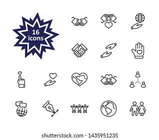 International Day of Human Solidarity Line Vector Icons Set. Contains such Icons as Handshake, Heart, planet Earth, helping Hand, People and more. Editable Stroke. 32x32 Pixel Perfect