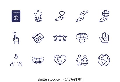 International Day of Human Solidarity Line Vector Icons Set. Contains such Icons as Handshake, Heart, planet Earth, helping Hand, People and more. Editable Stroke. 32x32 Pixel Perfect