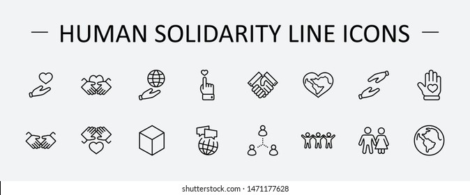 International Day of Human Solidarity Line Vector Icons Set. Contains such Icons as Handshake, Heart, planet Earth, helping Hand, People and more. Editable Stroke. 32x32 Pixel Perfect