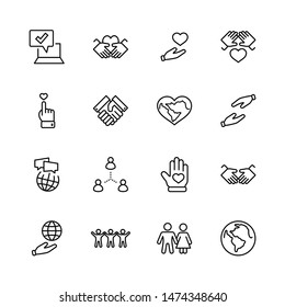 International Day of Human Solidarity Line Vector Icons Set. Contains such Icons as Handshake, Heart, planet Earth, helping Hand, People and more. Editable Stroke.  