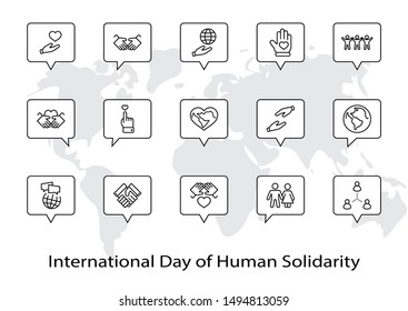 International Day of Human Solidarity Line Vector Icons Set. Contains such Icons as Handshake, Heart, planet Earth, helping Hand, People and more. Editable Stroke. 32x32 Pixel Perfect.