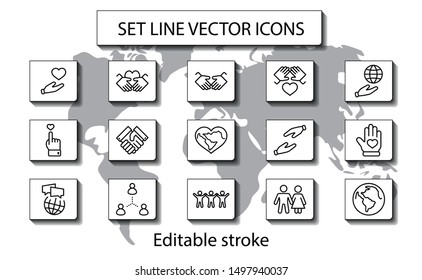 International Day of Human Solidarity Line Vector Icons Set. Contains such Icons as Handshake, Heart, planet Earth, helping Hand, People and more. Editable Stroke. 32x32 Pixel Perfect.