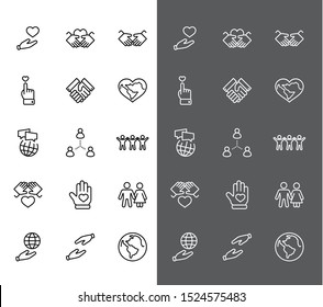 International Day of Human Solidarity Line Vector Icons Set. Contains such Icons as Handshake, Heart, planet Earth, helping Hand, People and more. Editable Stroke. 32x32 Pixel Perfect.