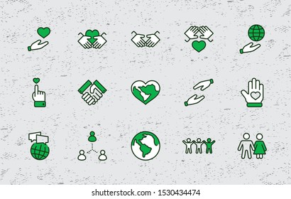 International Day of Human Solidarity Line Vector Icons Set. Contains such Icons as Handshake, Heart, planet Earth, helping Hand, People and more. Editable Stroke. 32x32 Pixel Perfect.