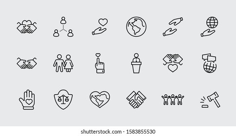 International Day of Human Solidarity Line Vector Icons Set. Contains such Icons as Handshake, Heart, planet Earth, helping Hand, People and more. Editable Stroke. 32x32 Pixel Perfect.