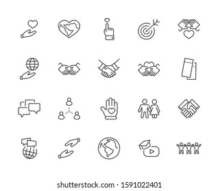 International Day of Human Solidarity Line Vector Icons Set. Contains such Icons as Handshake, Heart, planet Earth, helping Hand, People and more. Editable Stroke. 32x32 Pixel Perfect