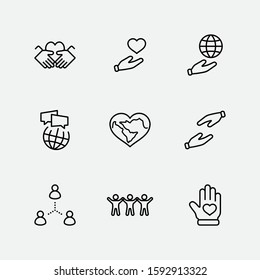 International Day of Human Solidarity Line Vector Icons Set. Contains such Icons as Handshake, Heart, planet Earth, helping Hand, People and more. Editable Stroke. 32x32 Pixel Perfect