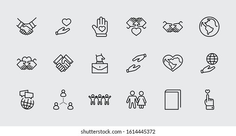 International Day of Human Solidarity Line Vector Icons Set. Contains such Icons as Handshake, Heart, planet Earth, helping Hand, People and more. Editable Stroke. 32x32 Pixel Perfect