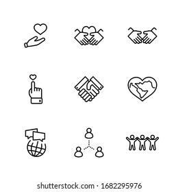 International Day of Human Solidarity Line Vector Icons Set. Contains such Icons as Handshake, Heart, planet Earth, helping Hand, People and more. Editable Stroke. 32x32 Pixels