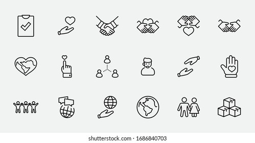 International Day of Human Solidarity Line Vector Icons Set. Contains such Icons as Handshake, Heart, planet Earth, helping Hand, People and more. Editable Stroke. 32x32 Pixels