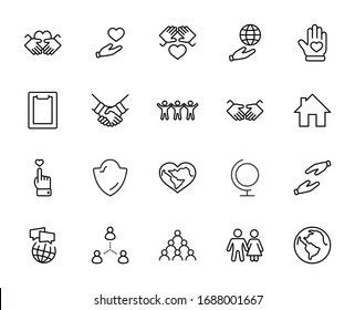 Internationaler Tag der menschlichen Solidarität Linie Vektorsymbole Set. Enthält solche Symbole wie Handshake, Heart, Planet Erde, Hilfe Hand, Menschen und mehr. Bearbeitbarer Stroke. 32 x 32 Pixel