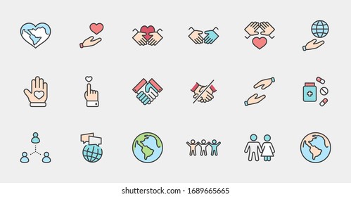 International Day of Human Solidarity Line Vector Icons Set. Contains such Icons as Handshake, Heart, planet Earth, helping Hand, People and more. Editable Stroke. 32x32 Pixel Perfect