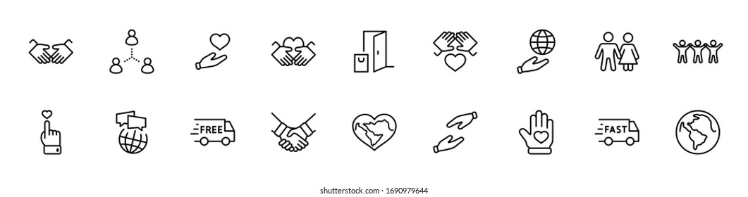 International Day of Human Solidarity Line Vector Icons Set. Contains such Icons as Handshake, Heart, planet Earth, helping Hand, People and more. Editable Stroke. 32x32 Pixels