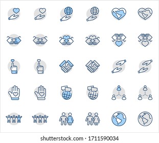 International Day of Human Solidarity Line Vector Icons Set. Contains such Icons as Handshake, Heart, planet Earth, helping Hand, People and more. Editable Stroke. 32x32 Pixel Perfect