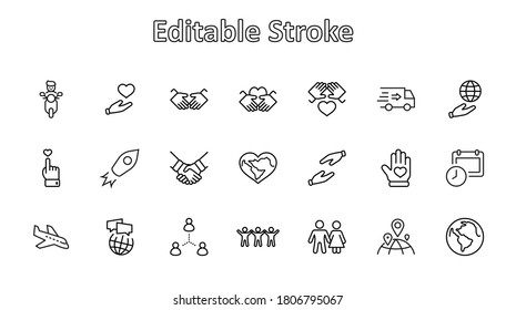 International Day of Human Solidarity Line Vector Icons Set. Contains such Icons as Handshake, Heart, planet Earth, helping Hand, People and more. Editable Stroke. 32x32 Pixels