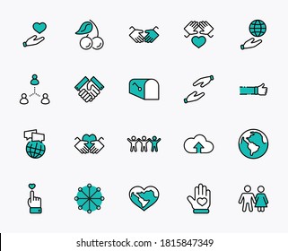 International Day of Human Solidarity Line Vector Icons Set. Contains such Icons as Handshake, Heart, planet Earth, helping Hand, People and more. Editable Stroke. 32x32 Pixel Perfect