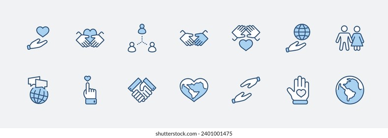 International Day of Human Solidarity Line Vector Icons Set. Contains such Icons as Handshake, Heart, planet Earth, helping Hand, People and more. Editable Stroke. 32x32 Pixel Perfect.