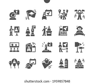 International Day of Human Space Flight 12 April. Cosmonaut. Calendar. Twelfth of april. Holiday. Space rocket exhibition. Vector Solid Icons. Simple Pictogram