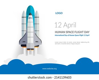 Día Internacional del Vuelo Espacial Humano 12 de abril. Ilustraciones infográficas del primer lanzamiento del transbordador espacial, diseño de estilo 3d