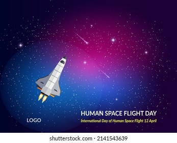 International Day of Human Space Flight 12 April. Space background with realistic nebula and shining stars. Colorful cosmos with stardust and milky way. Magic color galaxy.