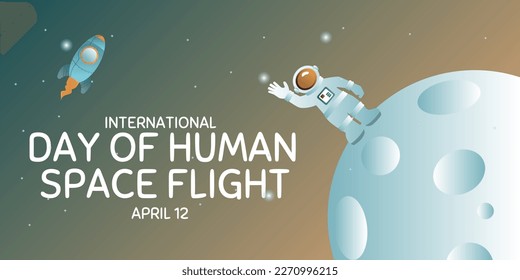 International day human space flight. 12 April Cosmonautics Day banner with rocket. Horizontal web banner.