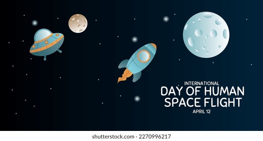 International day human space flight. 12 April Cosmonautics Day banner with rocket. Horizontal web banner.