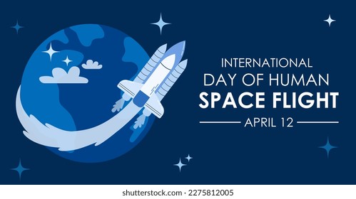 International day of human space flight on April 12. The rocket flies around the earth in space. Flat Cartoon Illustration in Hand Drawn style. 