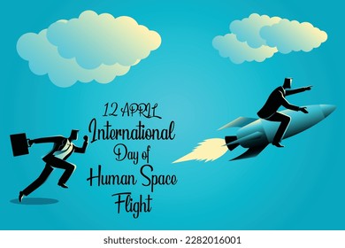 International day of human space flight vector illustration. Suitable for Poster, Banners, background, campaign and greeting card. 12 April Cosmonautics Day banner Man with rocket. Eps 10. Top view.