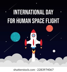 Internationale Tagesflüge in den menschlichen Weltraum. Cosmonautics Day-Banner am 12. April mit Raketenvektoren, Grafiken