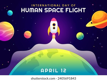 International Day of Human Space Flight Vector Illustration on 12 April with Astronaut Standing on the Moon, Transmitter Satellites and Planets