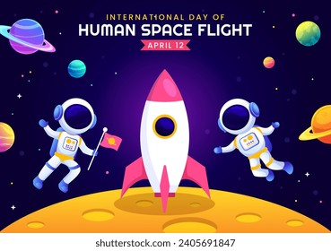 International Day of Human Space Flight Vector Illustration on 12 April with Astronaut Standing on the Moon, Transmitter Satellites and Planets