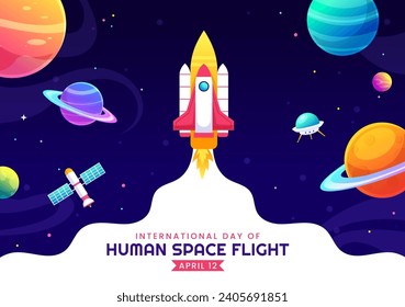 Día Internacional de la Ilustración del Vector de Vuelo Espacial Humano el 12 de abril con el astronauta parado en la Luna, los satélites de transporte y los planetas