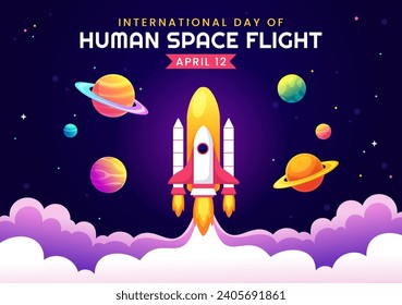 International Day of Human Space Flight Vector Illustration on 12 April with Astronaut Standing on the Moon, Transmitter Satellites and Planets