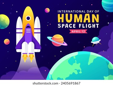International Day of Human Space Flight Vector Illustration on 12 April with Astronaut Standing on the Moon, Transmitter Satellites and Planets