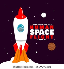 International Day for Human Space Flight to celebrate on April 12th. Illustration of a space rocket containing astronauts flying in space.