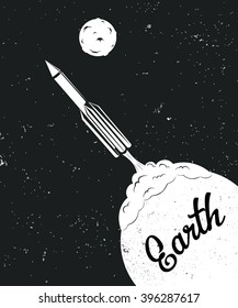 International day of human space flight. Rocket launch from earth. Space black and white.poster. illustration. vector 