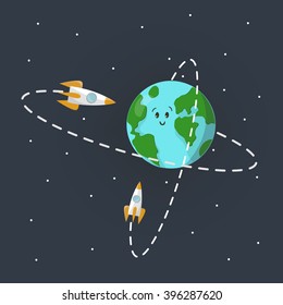 International Day Of Human Space Flight.. Rocket Launch From Earth. Space Cartoon. Illustration Vector.