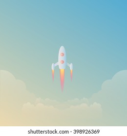 International Day Of Human Space Flight. Rocket Launch From Earth. Space. Rocket Cartoon. Illustration Vector. Art