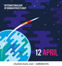 International day human space flight. 12 April card. Vector Template greeting card with day of cosmonautics. Design day cosmonautics.