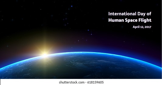 International day of human space flight. First man in space. Big dipper and little dipper in ursa major,  polaris. Realistic vector poster illustration