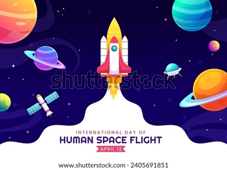 International Day of Human Space Flight Vector Illustration on 12 April with Astronaut Standing on the Moon, Transmitter Satellites and Planets