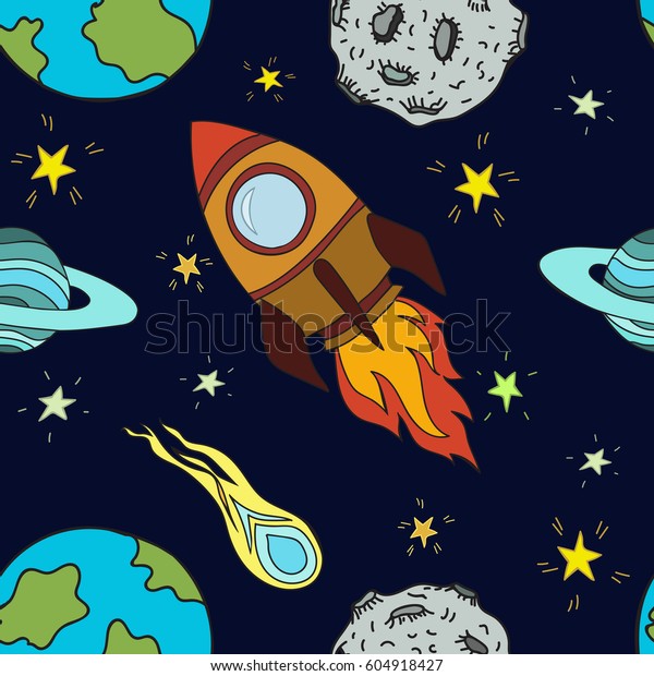 International day of human space flight. The\
rocket flies among the stars and planets. Cartoon space seamless\
pattern can be used for wallpaper, pattern fills, web page\
background, surface\
textures