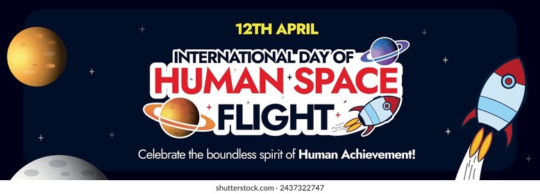 Día Internacional del Vuelo Espacial Humano.12 de abril Día internacional de la celebración del vuelo espacial humano banner de portada con iconos espaciales, luna, planeta, nave espacial, estrellas. Celebrando el primer vuelo espacial